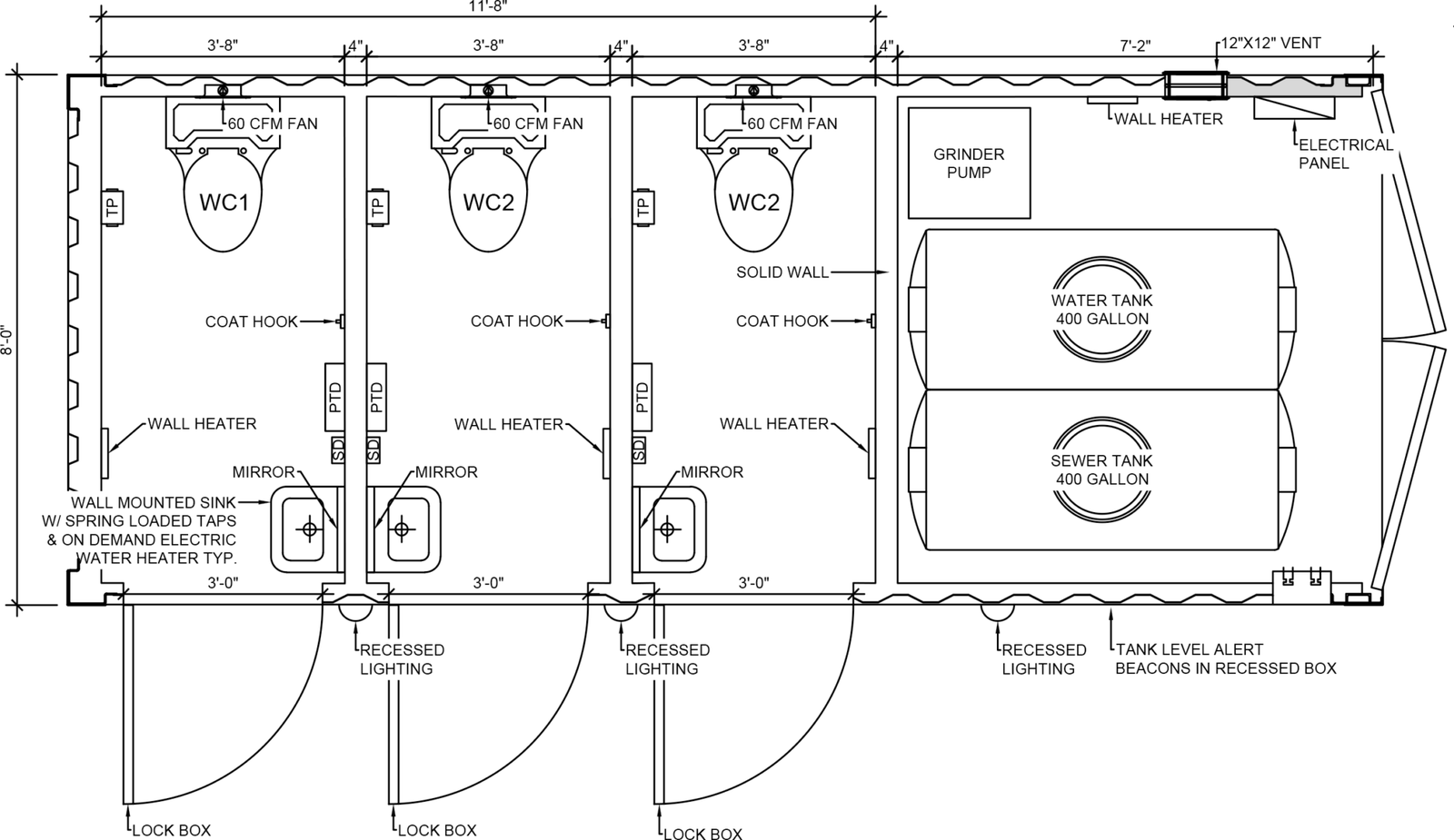 Engineering floor plan of a restroom trailer showing plumbing, tanks, and fixtures